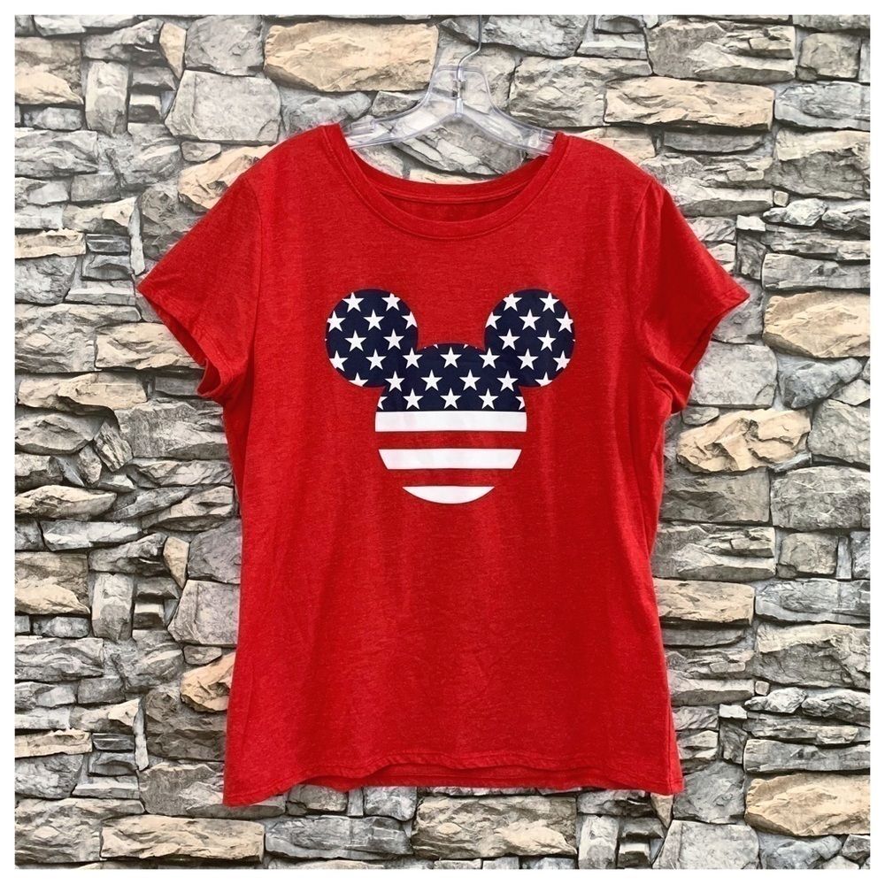 #35 Disney Mickey Mouse American Flag Patriotic Crewneck Tee Shirt Top Large
